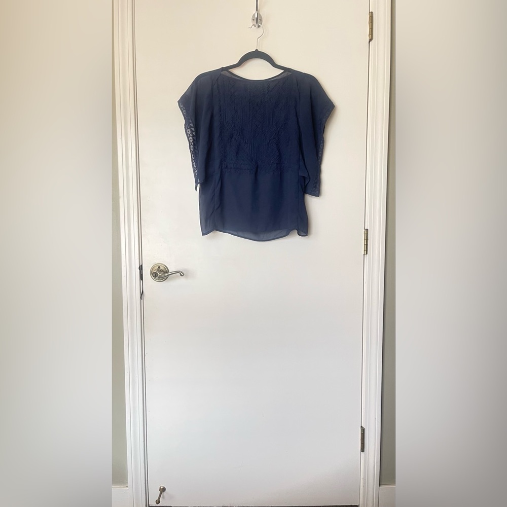 Navy Blue Embroidered Banana Republic Sheer Top